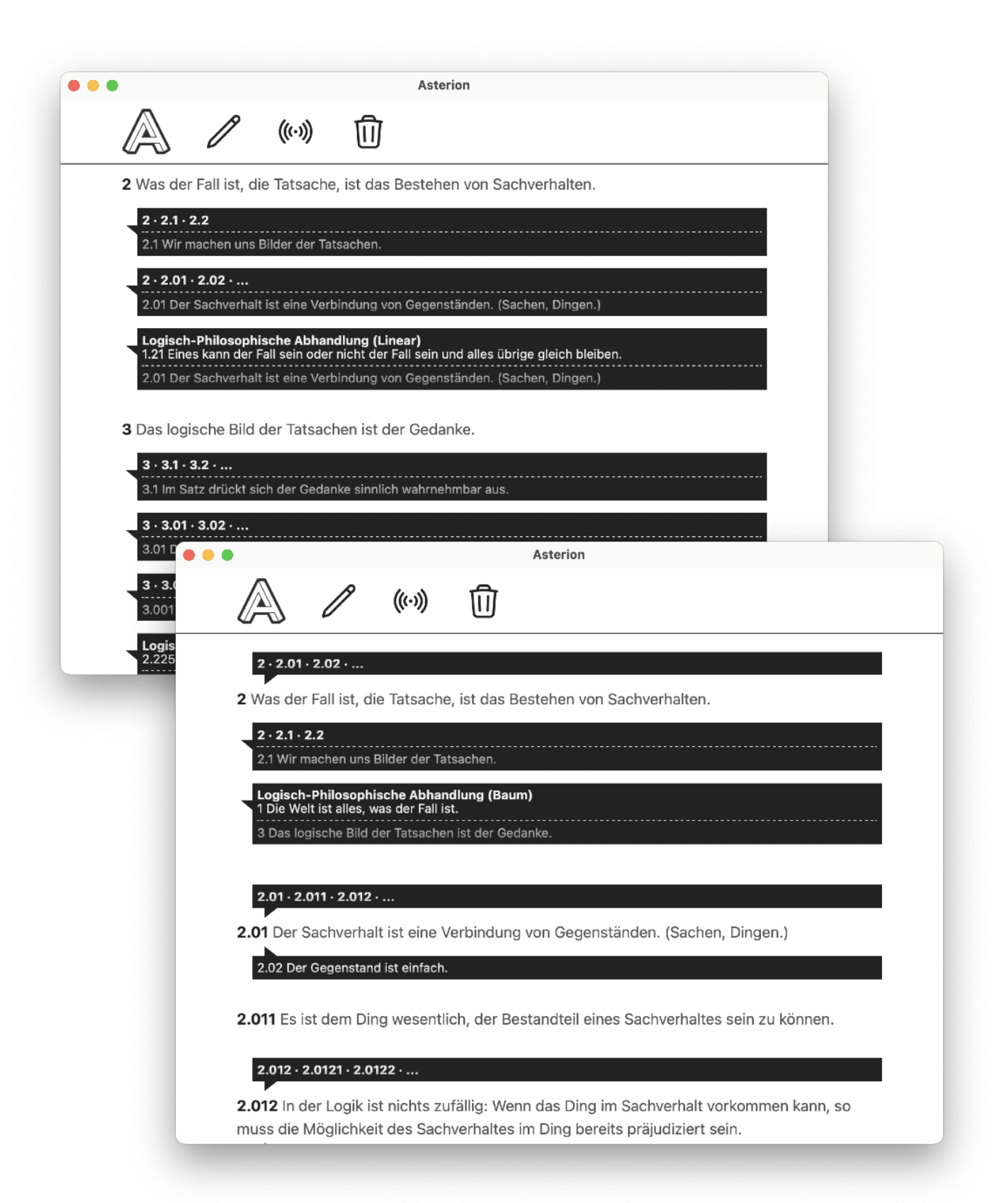 Screenshot of the Asterion Hypertext App